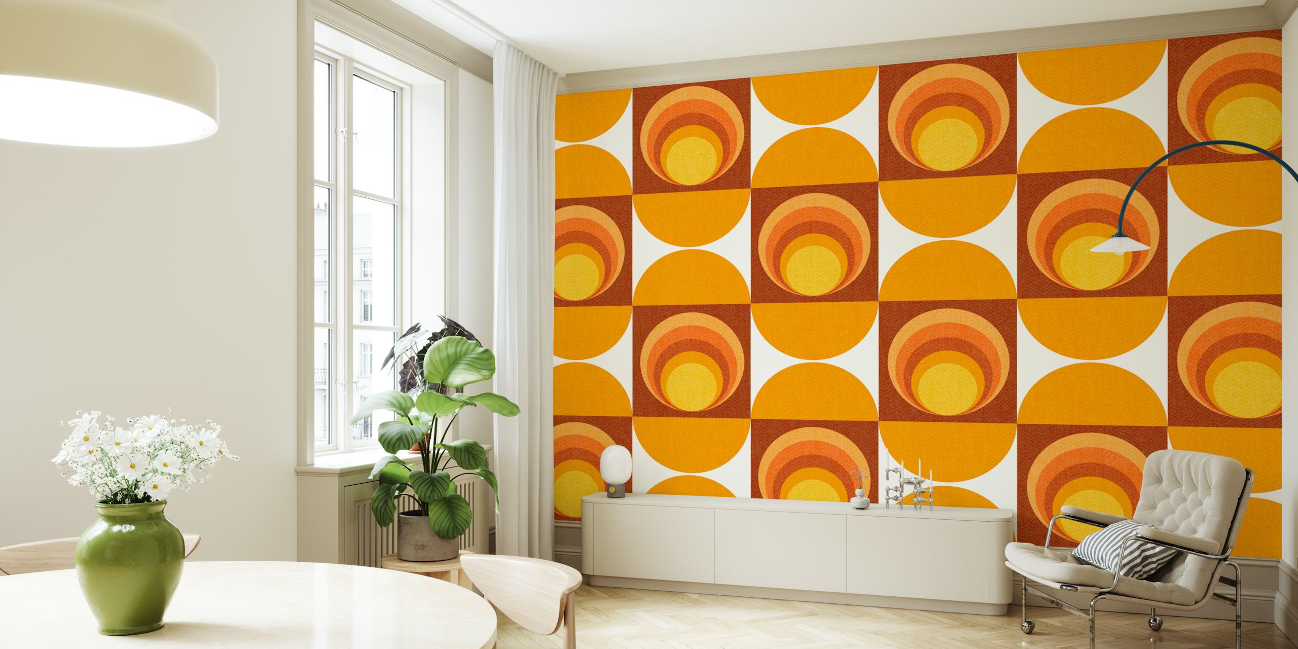 Fotomural Vintage Sun de estilo retro con motivos circulares de sol en ámbar y siena tostado